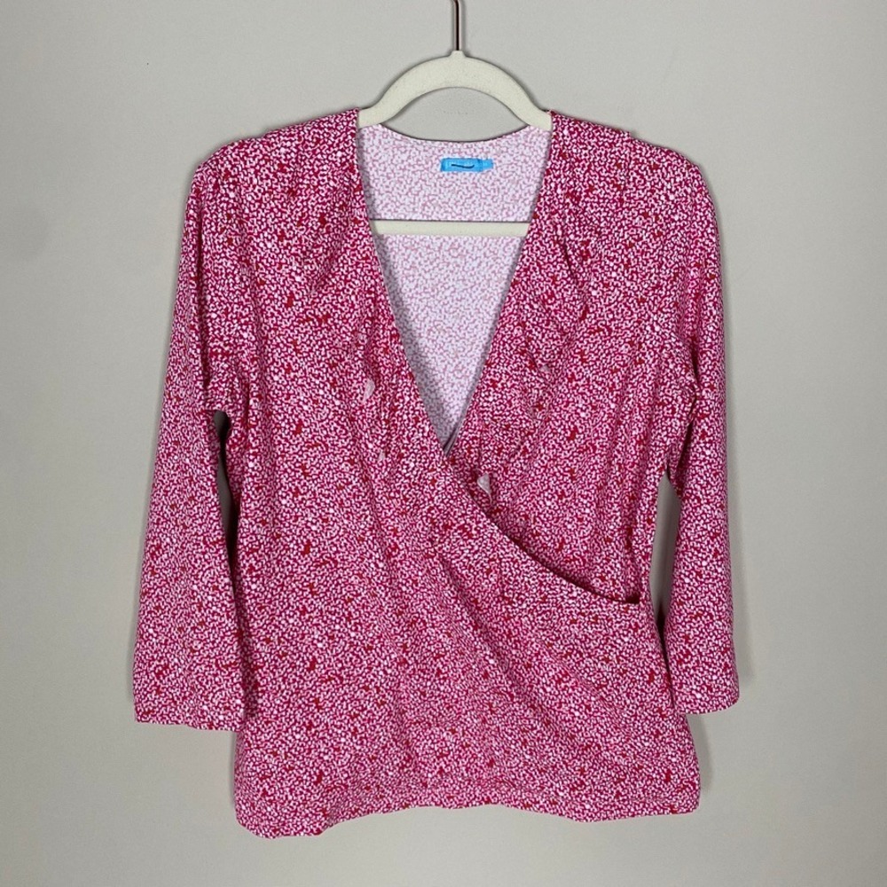 J.McLaughlin Faux Wrap Top Catalina Cloth Medium Pink Mosaic Ruffle V‎ Neck